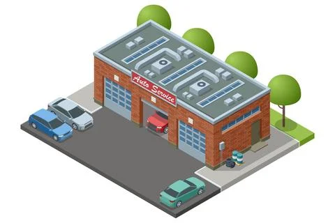 Isometric vector illustration of a brick auto service building with multiple イラスト素材