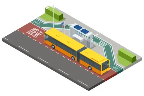 Isometric vector illustration of a bus stop with a yellow articulated bus parked 스톡 일러스트