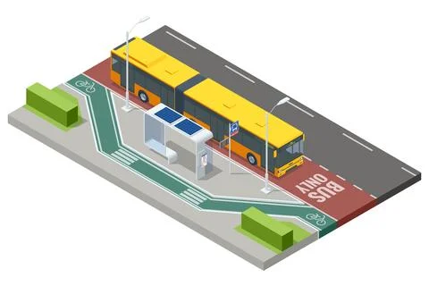 Isometric vector illustration of a bus stop with a yellow articulated bus parked Stock Illustration