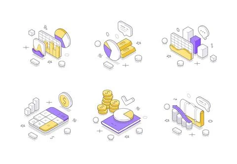 Isometric vector illustration of business analytics icons. Collection for fin Stock Illustration