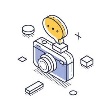 Isometric vector illustration of a camera with a speech bubble. Represents ph Ilustración de archivo