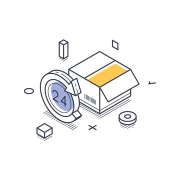 Isometric vector illustration of a cardboard box and a 24-hour clock symbol.  Stock Illustration