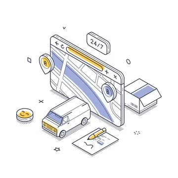 Isometric vector illustration of cargo delivery service. Online tracking with Stock Illustration