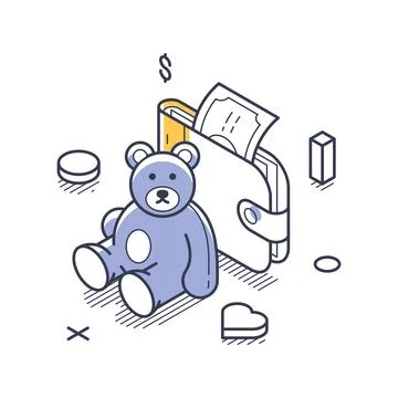 Isometric vector illustration of child support. A teddy bear toy sits by a wa Stock Illustration