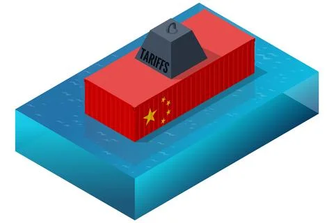 Isometric vector illustration of a Chinese cargo container sinking under the Stock Illustration