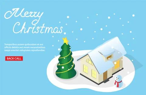 Isometric vector illustration on a Christmas theme beautiful house in a snow and Stock Illustration