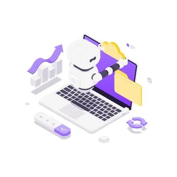 Isometric vector illustration of cloud computing. Robot works with data on a  스톡 일러스트