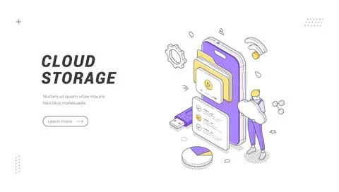 Isometric vector illustration of a cloud storage service. Digital data hostin 스톡 일러스트