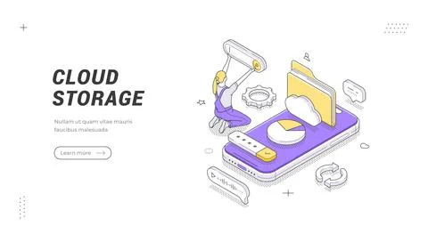 Isometric vector illustration of cloud storage. A data hosting and file synch Ilustración de archivo