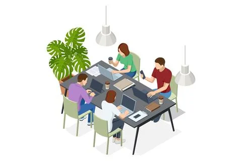 Isometric vector illustration of a collaborative team working around a modern Stock Illustration