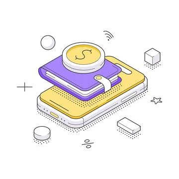 An isometric vector illustration concept of a digital wallet. A smartphone wi Stock Illustration