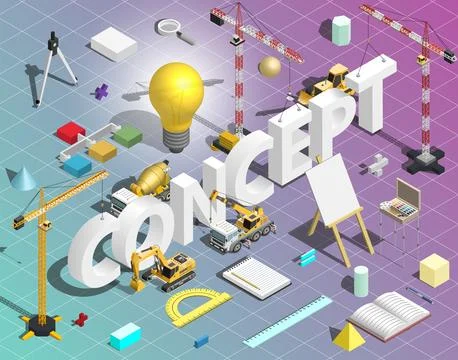 Isometric vector illustration of construction machinery building the large .. Stock Illustration