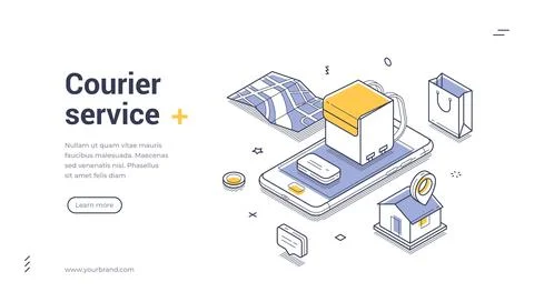 Isometric vector illustration of courier service and express parcel delivery. Stock Illustration