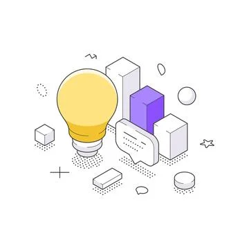 Isometric vector illustration of a creative idea. A lightbulb symbolizes inno Stock Illustration