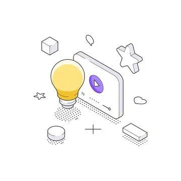 Isometric vector illustration of a creative idea for media. A lightbulb next  Stock Illustration