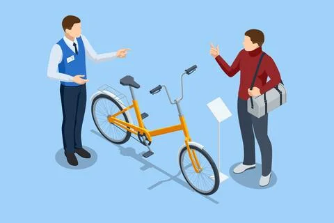 An isometric, vector illustration of a customer talking to a bicycle shop Illustration