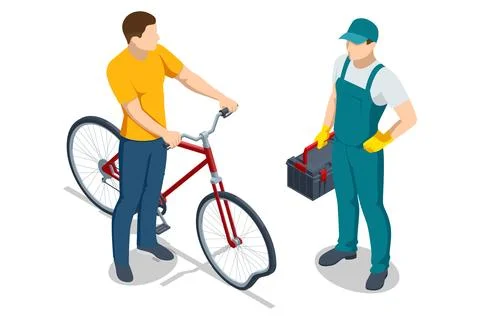 An isometric vector illustration of a cyclist with a damaged red bike consulting Stock Illustration