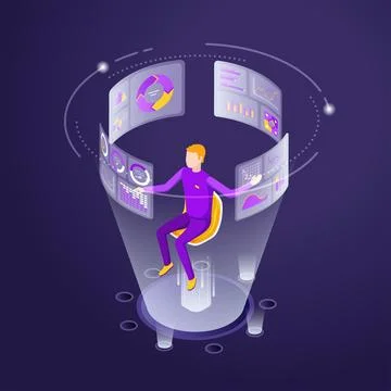 Isometric vector illustration on dark background, a man in a virtual office w Stockillustratie