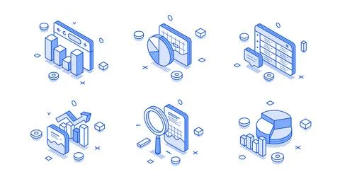 Isometric vector illustration of data analysis concepts. Charts, graphs, and  库存插图