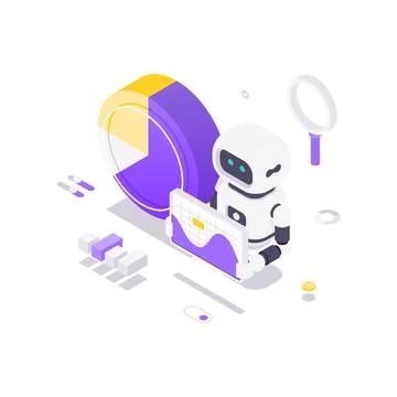 Isometric vector illustration of data analysis. AI robot works with charts an Illustrazione stock