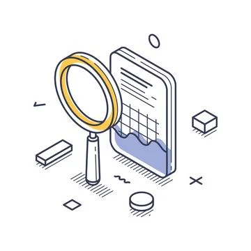 Isometric vector illustration of data analysis. Magnifying glass examines a f イラスト素材