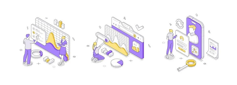 Isometric vector illustration of data analysis and user account security. Con Stock Illustration
