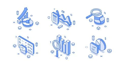 Isometric vector illustration of data analytics concepts. Financial charts, s 스톡 일러스트