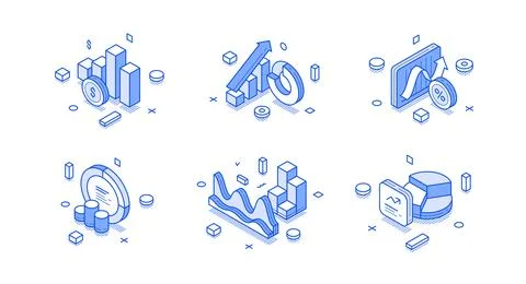 Isometric vector illustration of data analytics and finance. Charts and graph 스톡 일러스트