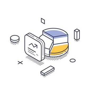 Isometric vector illustration of data analytics. Features a pie chart and gro Stock Illustration