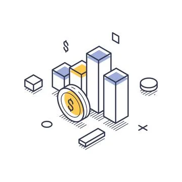 Isometric vector illustration of data analytics. Features a pie chart and gro Stock Illustration