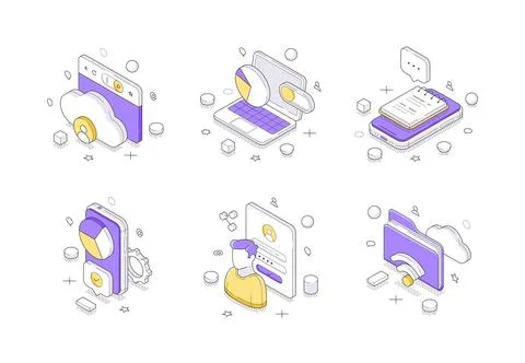Isometric vector illustration of data management icons. Collection for cloud  Illustrazione stock