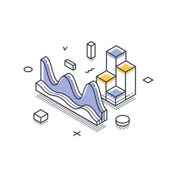 Isometric vector illustration for data visualization. Features bar and line g Stock Illustration