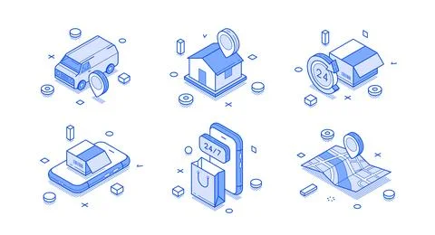 Isometric vector illustration of delivery and logistics icons. A collection o 库存插图