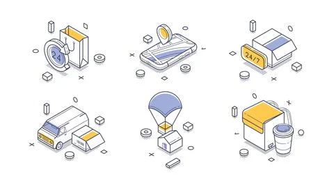 Isometric vector illustration for delivery and e-commerce. Icons for online s 스톡 일러스트