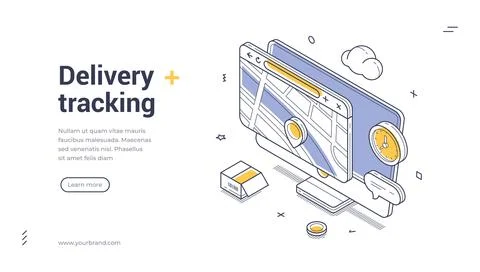 Isometric vector illustration for a delivery tracking online service. Global  Illustrazione stock