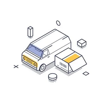 Isometric vector illustration of a delivery van and parcel. Represents shippi Stock Illustration