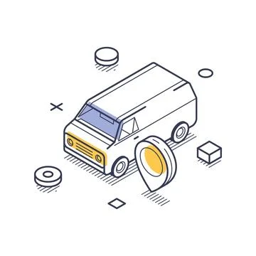 Isometric vector illustration of a delivery van with a location pin. Represen Illustrazione stock