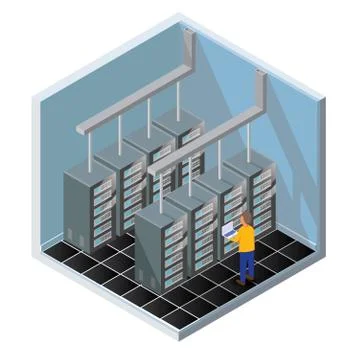 Isometric Vector Illustration diagnostic test in a server computer room. Serv Stock Illustration