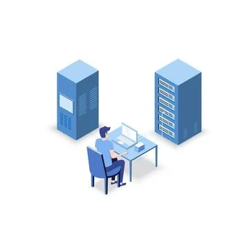 Isometric Vector Illustration diagnostic test in a server computer room. Se.. Stock Illustration
