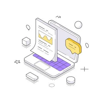 Isometric vector illustration of digital data analysis. A laptop displaying a Stock Illustration