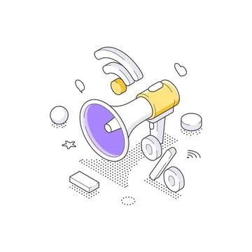 Isometric vector illustration of digital marketing and online promotion. Conc Stock Illustration