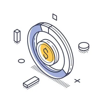 Isometric vector illustration with a dollar coin inside a circular chart. Rep 스톡 일러스트