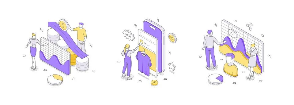 Isometric vector illustration for e-commerce and financial analytics. Online  스톡 일러스트