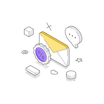 Isometric vector illustration of email marketing. Envelope with a percentage  스톡 일러스트