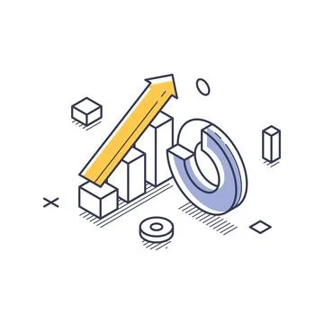 Isometric vector illustration. Features an upward arrow, bar chart, and pie c Stock Illustration