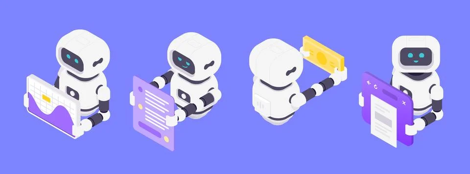 Isometric Vector Illustration Featuring AI Robots Analyzing Data Communicat.. Stock Illustration