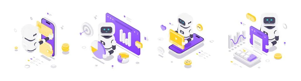 Isometric vector illustration featuring artificial intelligence robots intera Stock Illustration
