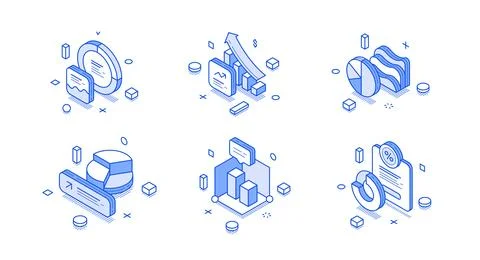 Isometric vector illustration featuring data analytics and statistics icons.  Stock Illustration