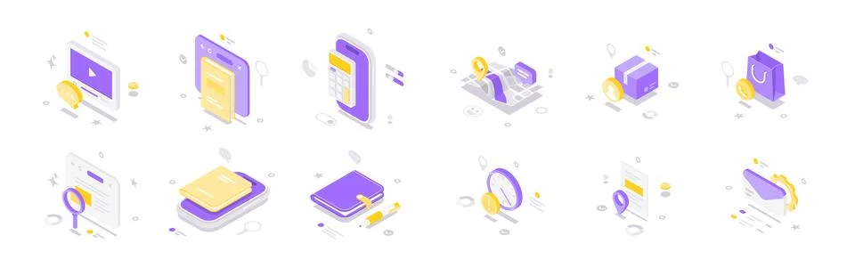 Isometric vector illustration featuring digital technology, communication, an Illustrazione stock