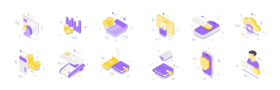 Isometric vector illustration featuring personal finance, money management, d Stock Illustration